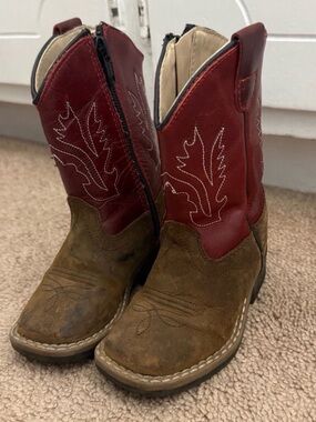 Toddler Two-Tone Kids Cowboy Boots - Brown Suede & Red Shaft (Size 5)